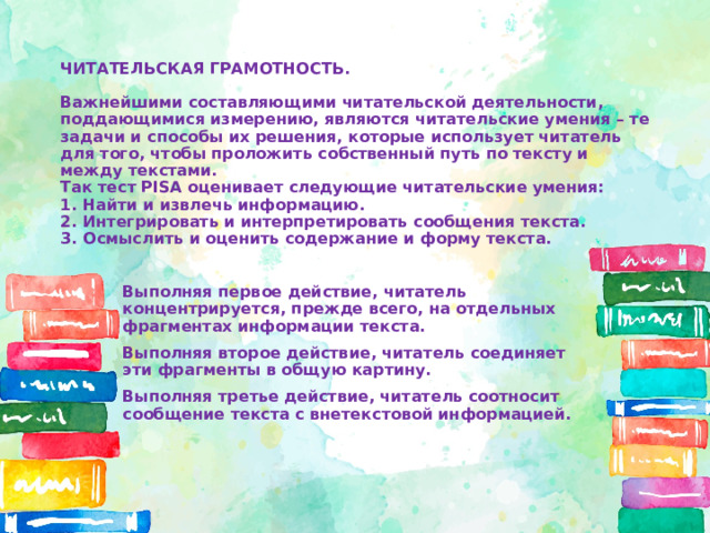ЧИТАТЕЛЬСКАЯ ГРАМОТНОСТЬ.   Важнейшими составляющими читательской деятельности, поддающимися измерению, являются читательские умения – те задачи и способы их решения, которые использует читатель для того, чтобы проложить собственный путь по тексту и между текстами.  Так тест PISA оценивает следующие читательские умения:  1. Найти и извлечь информацию.  2. Интегрировать и интерпретировать сообщения текста.  3. Осмыслить и оценить содержание и форму текста.  Выполняя первое действие, читатель концентрируется, прежде всего, на отдельных фрагментах информации текста. Выполняя второе действие, читатель соединяет эти фрагменты в общую картину. Выполняя третье действие, читатель соотносит сообщение текста с внетекстовой информацией. 