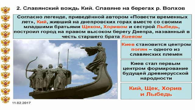 5. Государство Русь В летописях сохранились предания, согласно которым полянами правили братья Кий, Щек, Хорив, их сестра Лыбедь . Отсюда бытует мнение, что Киев назван в честь Кия . Однако, достоверных сведений о возникновении государства у нас нет. 