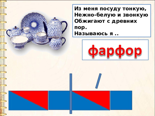 Из меня посуду тонкую, Нежно-белую и звонкую Обжигают с древних пор. Называюсь я .. 