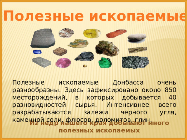 Полезные ископаемые Полезные ископаемые Донбасса очень разнообразны. Здесь зафиксировано около 850 месторождений, в которых добывается 40 разновидностей сырья. Интенсивнее всего разрабатываются залежи черного угля, каменной соли, флюсов, доломитов, глин. Из недр нашего края добывают много полезных ископаемых 