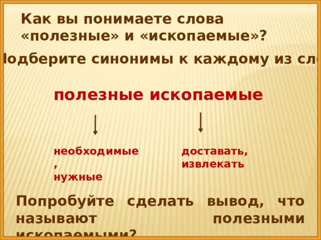 Как вы понимаете слова «полезные» и «ископаемые»? Подберите синонимы к каждому из слов полезные ископаемые необходимые, доставать, нужные извлекать Попробуйте сделать вывод, что называют полезными ископаемыми? 