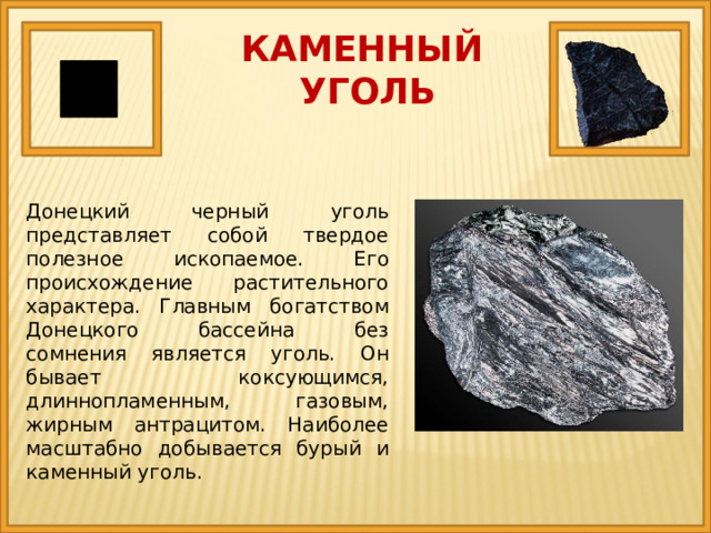 КАМЕННЫЙ  УГОЛЬ Донецкий черный уголь представляет собой твердое полезное ископаемое. Его происхождение растительного характера. Главным богатством Донецкого бассейна без сомнения является уголь. Он бывает коксующимся, длиннопламенным, газовым, жирным антрацитом. Наиболее масштабно добывается бурый и каменный уголь. 
