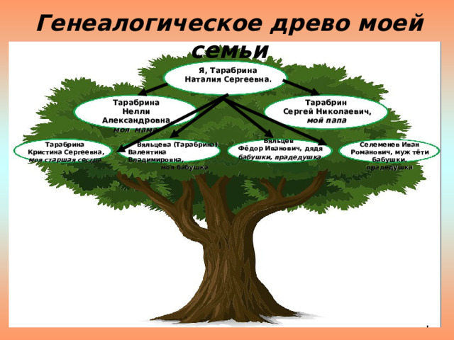 Генеалогическое древо моей семьи  Я, Тарабрина  Наталия Сергеевна. Тарабрина Нелли Александровна, моя мама Тарабрин  Сергей Николаевич, мой папа Вяльцев Фёдор Иванович, дядя бабушки, прадедушка   Вяльцева (Тарабрина) Валентина Владимировна,  моя бабушка Тарабрина Кристина Сергеевна, моя старшая сестра Селеменев Иван Романович, муж тёти бабушки, прадедушка 