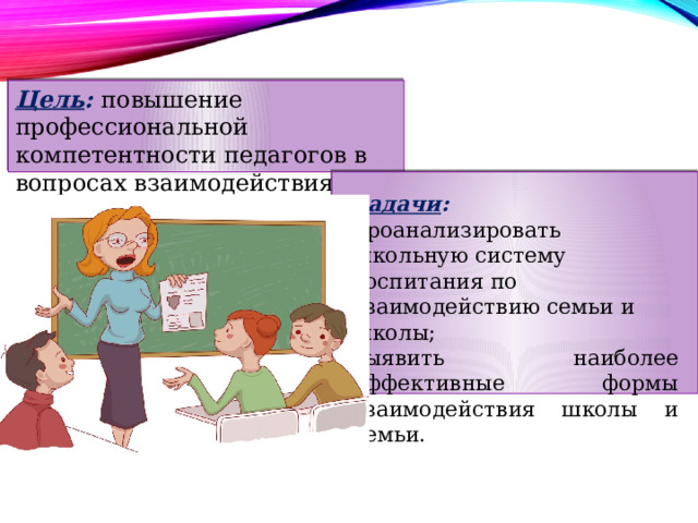 Цель :  повышение профессиональной компетентности педагогов в вопросах взаимодействия с родителями.  Задачи : проанализировать школьную систему воспитания по взаимодействию семьи и школы; выявить наиболее эффективные формы взаимодействия школы и семьи.  