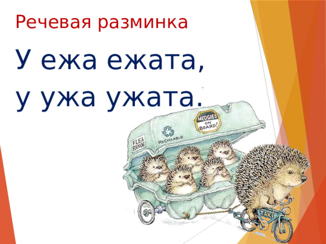 Речевая разминка У ежа ежата, у ужа ужата. 