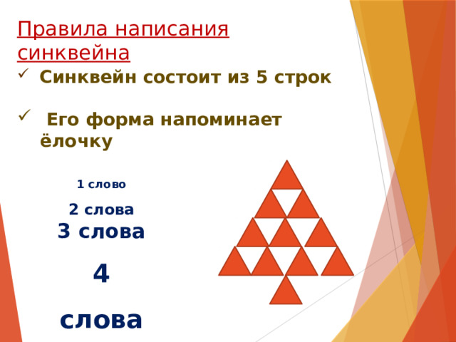 Правила написания синквейна  Синквейн состоит из 5 строк   Его форма напоминает ёлочку 1 слово 2 слова 3 слова 4 слова 1 слово 