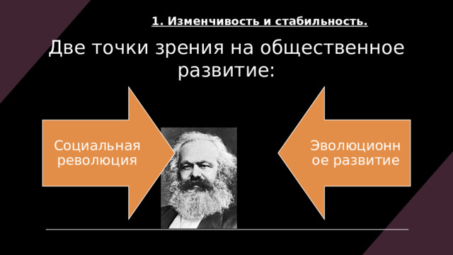 Социальная революция Эволюционное развитие 1. Изменчивость и стабильность.​ Две точки зрения на общественное развитие: 