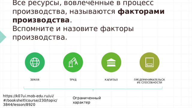 Все ресурсы, вовлечённые в процесс производства, называются  факторами производства .  Вспомните и назовите факторы производства. Капитал Труд Земля Предпринимательские способности https://k07ui.mob-edu.ru/ui/#/bookshelf/course/230/topic/3844/lesson/8920 Ограниченный характер 