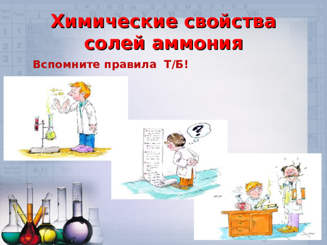 Химические свойства солей аммония Вспомните правила Т/Б! 