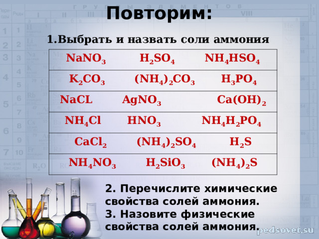 Повторим: 1.Выбрать и назвать соли аммония  NaNO 3  H 2 SO 4  NH 4 HSO 4 K 2 C О 3 (NH 4 ) 2 C О 3 H 3 P О 4 NaCL  AgNO 3  Ca ( OH ) 2 NH 4 Cl  HNO 3  NH 4 H 2 P О 4 CaCl 2 (NH 4 ) 2 SO 4 H 2 S NH 4 NO 3  H 2 SiO 3 ( NH 4 ) 2 S 2. Перечислите химические свойства солей аммония. 3. Назовите физические свойства солей аммония. 