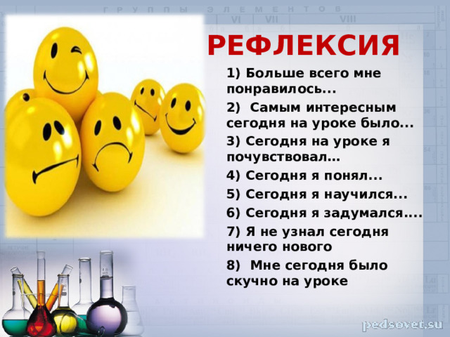 РЕФЛЕКСИЯ 1) Больше всего мне понравилось... 2)  Самым интересным сегодня на уроке было... 3) Сегодня на уроке я почувствовал… 4) Сегодня я понял... 5) Сегодня я научился... 6) Сегодня я задумался.... 7) Я не узнал сегодня ничего нового 8) Мне сегодня было скучно на уроке  