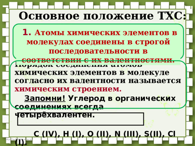 Основное положение ТХС:  1. Атомы химических элементов в молекулах соединены в строгой последовательности в соответствии с их валентностями.   Порядок соединения атомов химических элементов в молекуле согласно их валентности называется химическим строением.    Запомни! Углерод в органических соединениях всегда четырёхвалентен.   C (IV), H (I), O (II), N (III), S(II), Cl (I). 