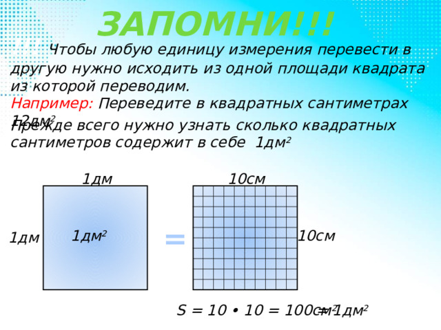 ЗАПОМНИ!!! !!! Чтобы любую единицу измерения перевести в другую нужно исходить из одной площади квадрата из которой переводим. Например: Переведите в квадратных сантиметрах 12дм 2 Прежде всего нужно узнать сколько квадратных сантиметров содержит в себе 1дм 2 10см 1дм = 10см 1дм 2 1дм = 1дм 2  S = 10 • 10 = 100cм 2  