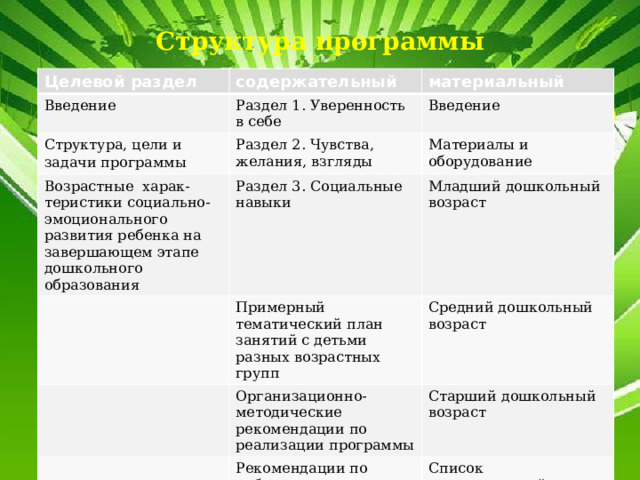 Структура программы Целевой раздел содержательный Введение Структура, цели и задачи программы  материальный Раздел 1. Уверенность в себе Возрастные харак- теристики социально-эмоционального развития ребенка на завершающем этапе дошкольного образования Раздел 2. Чувства, желания, взгляды Введение Материалы и оборудование Раздел 3. Социальные навыки Младший дошкольный возраст Примерный тематический план занятий с детьми разных возрастных групп Средний дошкольный возраст Организационно-методические рекомендации по реализации программы Старший дошкольный возраст Рекомендации по работе с родителями Список рекомендуемой лите ратуры 