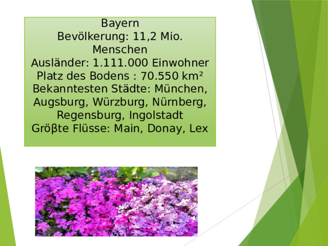 Bayern  Bevölkerung: 11,2 Mio. Menschen  Ausländer: 1.111.000 Einwohner  Platz des Bodens : 70.550 km²  Bekanntesten Städte: München, Augsburg, Würzburg, Nürnberg, Regensburg, Ingolstadt  Gröβte Flüsse: Main, Dоnау, Lех   