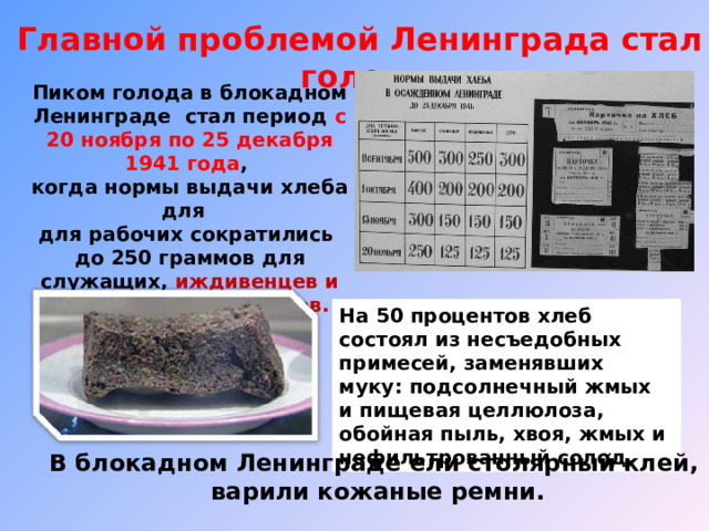 Главной проблемой Ленинграда стал голод Пиком голода в блокадном Ленинграде стал период с 20 ноября по 25 декабря 1941 года , когда нормы выдачи хлеба для для рабочих сократились до 250 граммов для служащих, иждивенцев и детей – до 125 граммов.   На 50 процентов хлеб состоял из несъедобных примесей, заменявших муку: подсолнечный жмых и пищевая целлюлоза, обойная пыль, хвоя, жмых и нефильтрованный солод. В блокадном Ленинграде ели столярный клей,  варили кожаные ремни. 