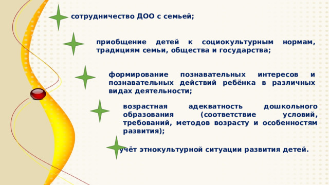 сотрудничество ДОО с семьей; приобщение детей к социокультурным нормам, традициям семьи, общества и государства; формирование познавательных интересов и познавательных действий ребёнка в различных видах деятельности; возрастная адекватность дошкольного образования (соответствие условий, требований, методов возрасту и особенностям развития); учёт этнокультурной ситуации развития детей. 