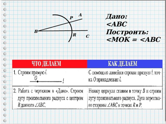 Дано:  ABC Построить:  MOK  =   А P В R С 