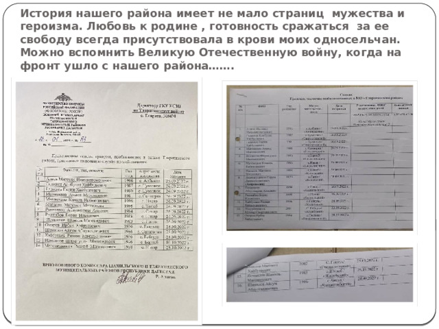 История нашего района имеет не мало страниц мужества и героизма. Любовь к родине , готовность сражаться за ее свободу всегда присутствовала в крови моих односельчан.  Можно вспомнить Великую Отечественную войну, когда на фронт ушло с нашего района……. 