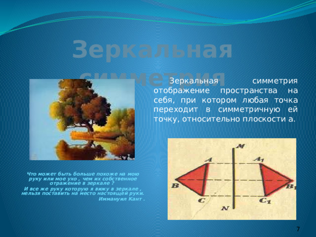 Зеркальная симметрия  Зеркальная симметрия отображение пространства на себя, при котором любая точка переходит в симметричную ей точку, относительно плоскости а.   Что может быть больше похоже на мою руку или мое ухо , чем их собственное отражение в зеркале ?   И все же руку которую я вижу в зеркале , нельзя поставить на место настоящей руки.                 Иммануил Кант .  
