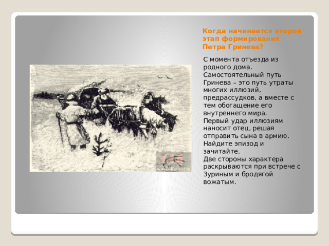 Когда начинается второй этап формирования Петра Гринева? С момента отъезда из родного дома. Самостоятельный путь Гринева – это путь утраты многих иллюзий, предрассудков, а вместе с тем обогащение его внутреннего мира. Первый удар иллюзиям наносит отец, решая отправить сына в армию. Найдите эпизод и зачитайте. Две стороны характера раскрываются при встрече с Зуриным и бродягой вожатым. 