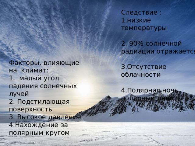 Следствие : 1.низкие температуры 2. 90% солнечной радиации отражается 3.Отсутствие облачности 4.Полярная ночь, полярный день Факторы, влияющие на климат: 1. малый угол падения солнечных лучей 2. Подстилающая поверхность 3. Высокое давление 4.Нахождение за полярным кругом 