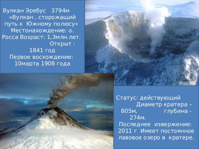Вулкан Эребус 3794м «Вулкан , сторожащий путь к Южному полюсу» Местонахождение: о. Росса Возраст: 1,3млн.лет. Открыт : 1841 год Первое восхождение: 10марта 1908 года Статус: действующий Диаметр кратера – 805м, глубина -274м. Последнее извержение: 2011 г Имеет постоянное лавовое озеро в кратере. 