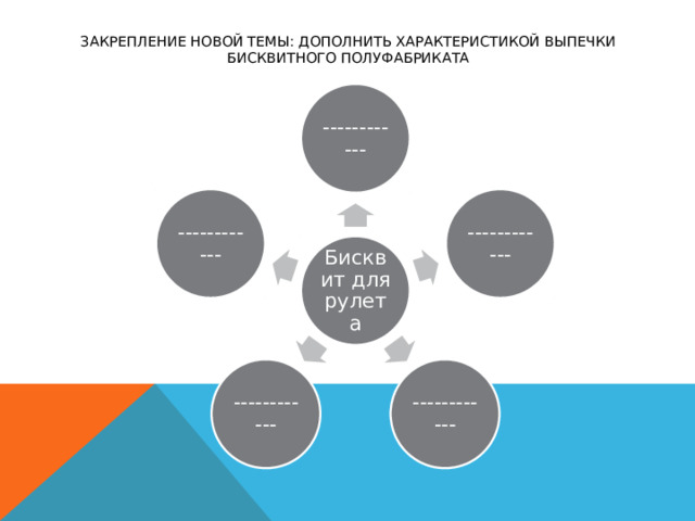 Закрепление новой темы: дополнить характеристикой выпечки бисквитного полуфабриката ------------ ------------ ------------ Бисквит для рулета ------------ ------------ 