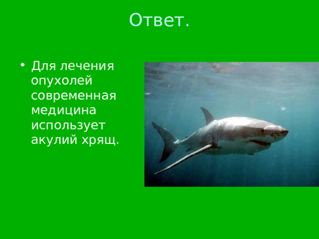 Ответ.   Для лечения опухолей современная медицина использует акулий хрящ. 