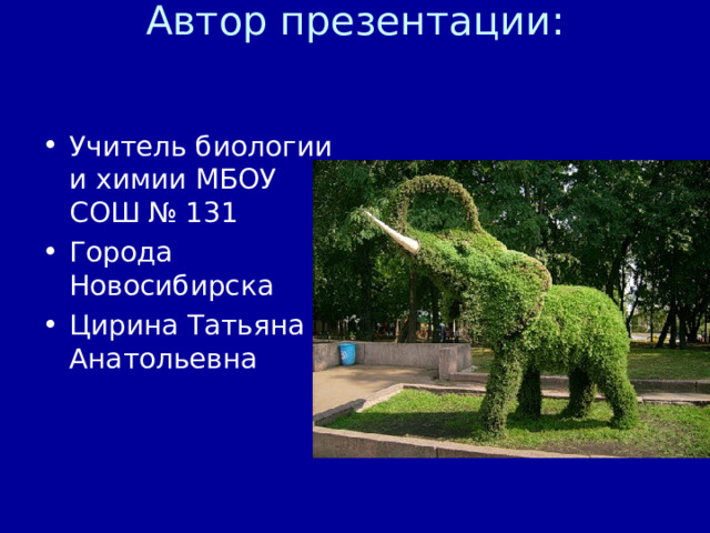 Автор презентации:    Учитель биологии и химии МБОУ СОШ № 131 Города Новосибирска Цирина Татьяна Анатольевна    