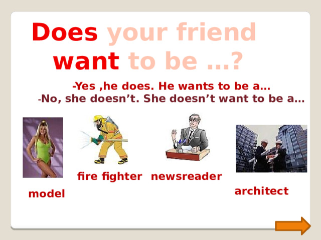 Does your friend want to be …? -Yes ,he does. He wants to be a… - No, she doesn’t. She doesn’t want to be a… fire fighter newsreader architect model 