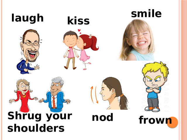 smile laugh kiss Shrug your shoulders nod frown 