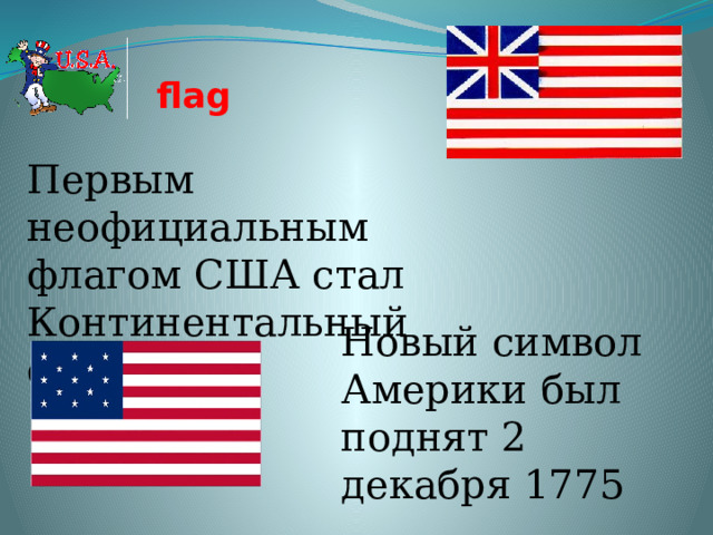  flag Первым неофициальным флагом США стал Континентальный флаг. Новый символ Америки был поднят 2 декабря 1775 