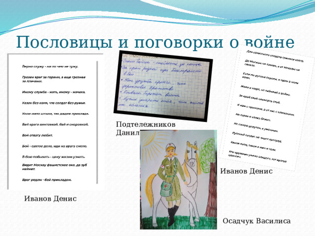 Пословицы и поговорки о войне Подтележников Данила Иванов Денис Иванов Денис Осадчук Василиса 