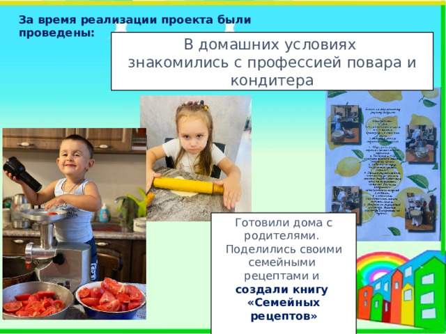 За время реализации проекта были проведены: В домашних условиях знакомились с профессией повара и кондитера Готовили дома с родителями. Поделились своими семейными рецептами и создали книгу «Семейных рецептов» 