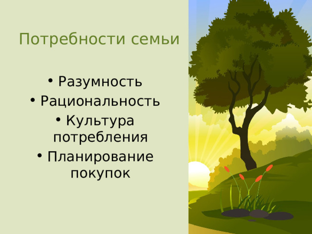 Потребности семьи Разумность Рациональность Культура потребления Планирование покупок 