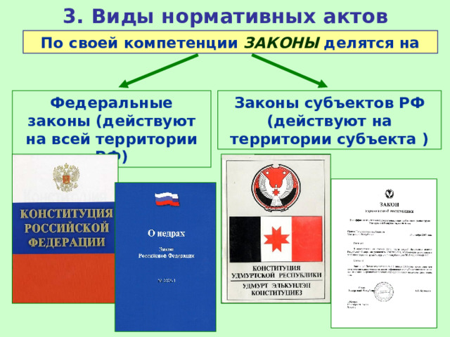 3. Виды нормативных актов По своей компетенции ЗАКОНЫ делятся на Федеральные законы (действуют на всей территории РФ) Законы субъектов РФ (действуют на территории субъекта ) 
