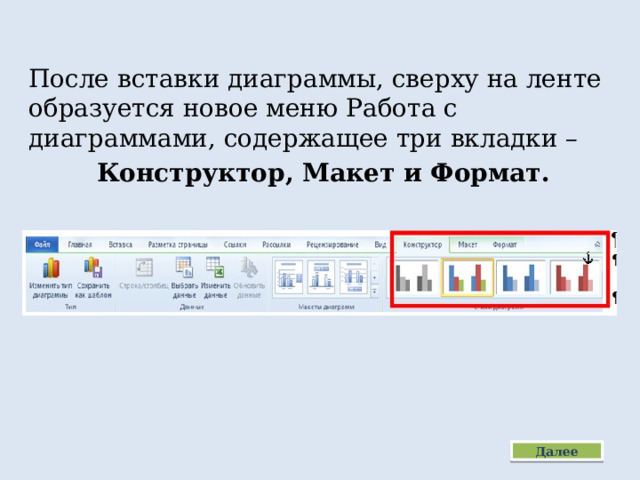 После вставки диаграммы, сверху на ленте образуется новое меню Работа с диаграммами, содержащее три вкладки –  Конструктор, Макет и Формат. Далее 