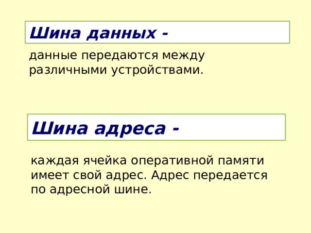 Шина данных - данные передаются между различными устройствами. Шина адреса - каждая ячейка оперативной памяти имеет свой адрес. Адрес передается по адресной шине. 