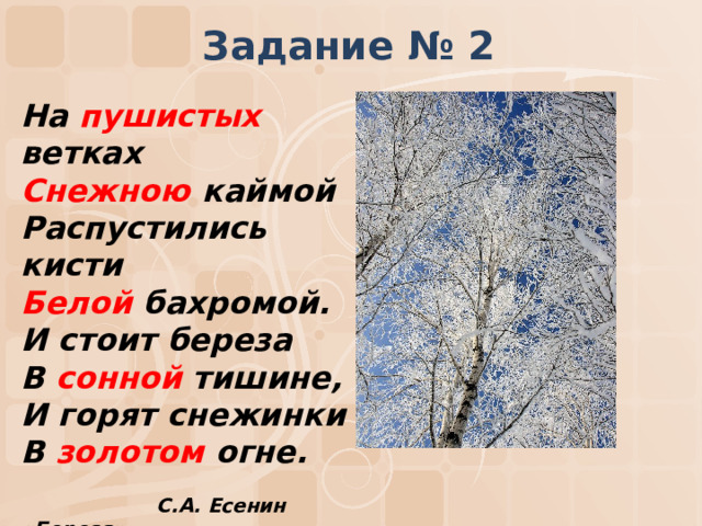 Задание № 2 На пушистых ветках Снежною каймой Распустились кисти Белой бахромой. И стоит береза В сонной тишине, И горят снежинки В золотом огне.   С.А. Есенин «Береза» 