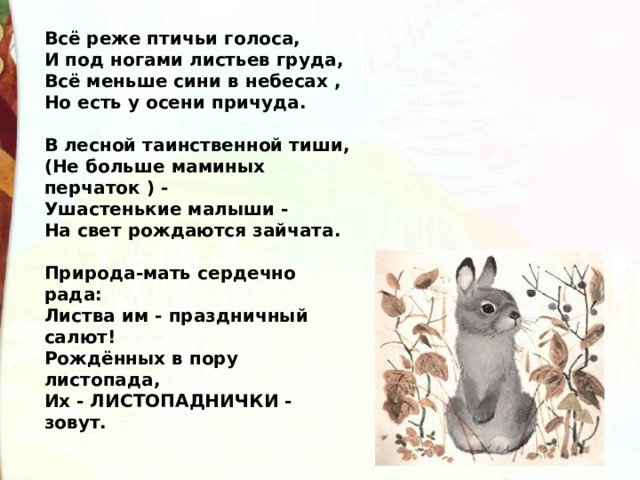 Всё реже птичьи голоса,   И под ногами листьев груда,  Всё меньше сини в небесах ,  Но есть у осени причуда.   В лесной таинственной тиши,  (Не больше маминых перчаток ) -  Ушастенькие малыши -  На свет рождаются зайчата.   Природа-мать сердечно рада:  Листва им - праздничный салют!  Рождённых в пору листопада,  Их - ЛИСТОПАДНИЧКИ - зовут. 