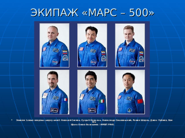 ЭКИПАЖ «МАРС – 500» Экипаж (слева направо сверху вниз): Алексей Ситнев, Сухроб Камолов, Александр Смолеевский, Ромен Шарль, Диего Урбина, Ван Юэ (фото Олега Волошина / ИМБП РАН).   