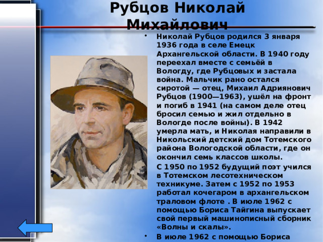 Рубцов Николай Михайлович Николай Рубцов родился 3 января 1936 года в селе Емецк Архангельской области. В 1940 году переехал вместе с семьёй в Вологду, где Рубцовых и застала война. Мальчик рано остался сиротой — отец, Михаил Адриянович Рубцов (1900—1963), ушёл на фронт и погиб в 1941 (на самом деле отец бросил семью и жил отдельно в Вологде после войны). В 1942 умерла мать, и Николая направили в Никольский детский дом Тотемского района Вологодской области, где он окончил семь классов школы. С 1950 по 1952 будущий поэт учился в Тотемском лесотехническом техникуме. Затем с 1952 по 1953 работал кочегаром в архангельском траловом флоте . В июле 1962 с помощью Бориса Тайгина выпускает свой первый машинописный сборник «Волны и скалы». В июле 1962 с помощью Бориса Тайгина выпускает свой первый машинописный сборник «Волны и скалы».  
