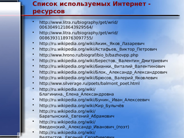 Список используемых Интернет - ресурсов   http://www.litra.ru/biography/get/wrid/00630491218643929564/ http://www.litra.ru/biography/get/wrid/00863931189763097755/ http://ru.wikipedia.org/wiki/Аким,_Яков_Лазаревич http://ru.wikipedia.org/wiki/Астафьев,_Виктор_Петрович http://www.hrono.ru/biograf/bio_b/bazhovpp.php http://ru.wikipedia.org/wiki/Берестов,_Валентин_Дмитриевич http://ru.wikipedia.org/wiki/Бианки,_Виталий_Валентинович http://ru.wikipedia.org/wiki/Блок,_Александр_Александрович http://ru.wikipedia.org/wiki/Брюсов,_Валерий_Яковлевич http://www.silverage.ru/poets/balmont_poet.html http://ru.wikipedia.org/wiki/Благинина,_Елена_Александровна http://ru.wikipedia.org/wiki/Бунин,_Иван_Алексеевич http://ru.wikipedia.org/wiki/Кир_Булычёв http://ru.wikipedia.org/wiki/Баратынский,_Евгений_Абрамович http://ru.wikipedia.org/wiki/Введенский,_Александр_Иванович_(поэт) http://ru.wikipedia.org/wiki/Велтистов,_Евгений_Серафимович http://ru.wikipedia.org/wiki/Есенин,_Сергей_Александрович http://scientific.ru/society/forum.php?topic=371.0 http://ru.wikipedia.org/wiki/Гаршин,_Всеволод_Михайлович 
