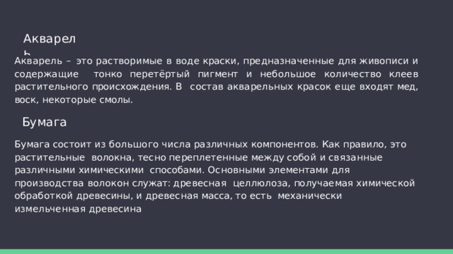 Акварель Акварель  –  это  растворимые  в  воде  краски,  предназначенные  для  живописи  и  содержащие  тонко  перетёртый  пигмент  и  небольшое  количество  клеев  растительного  происхождения.  В  состав  акварельных  красок  еще  входят  мед,  воск,  некоторые  смолы . Бумага Бумага  состоит  из  большого  числа  различных  компонентов.  Как  правило,  это  растительные  волокна, тесно переплетенные между собой и связанные различными химическими  способами. Основными элементами для производства волокон служат: древесная  целлюлоза, получаемая химической обработкой древесины, и древесная масса, то есть  механически  измельченная  древесина 
