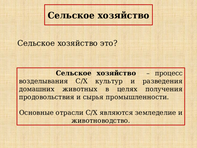 Сельское хозяйство Сельское хозяйство это?  Сельское хозяйство – процесс возделывания С/Х культур и разведения домашних животных в целях получения продовольствия и сырья промышленности. Основные отрасли С/Х являются земледелие и животноводство. 