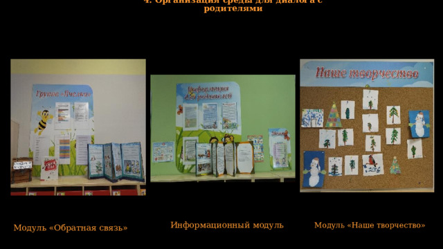 4. Организация среды для диалога с родителями Информационный модуль  Модуль «Наше творчество» Модуль «Обратная связь»  
