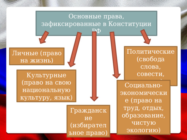 Основные права, зафиксированные в Конституции РФ Политические (свобода слова, совести, мысли) Личные (право на жизнь) Культурные (право на свою национальную культуру, язык) Социально-экономические (право на труд, отдых, образование, чистую экологию) Гражданские (избирательное право) 
