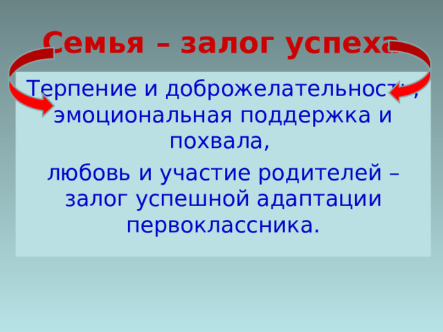 Семья – залог успеха Терпение и доброжелательность, эмоциональная поддержка и похвала, любовь и участие родителей – залог успешной адаптации первоклассника.  