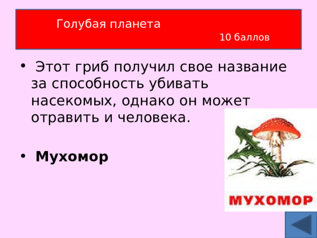 Голубая планета   10 баллов  Этот гриб получил свое название за способность убивать насекомых, однако он может отравить и человека.   Мухомор 